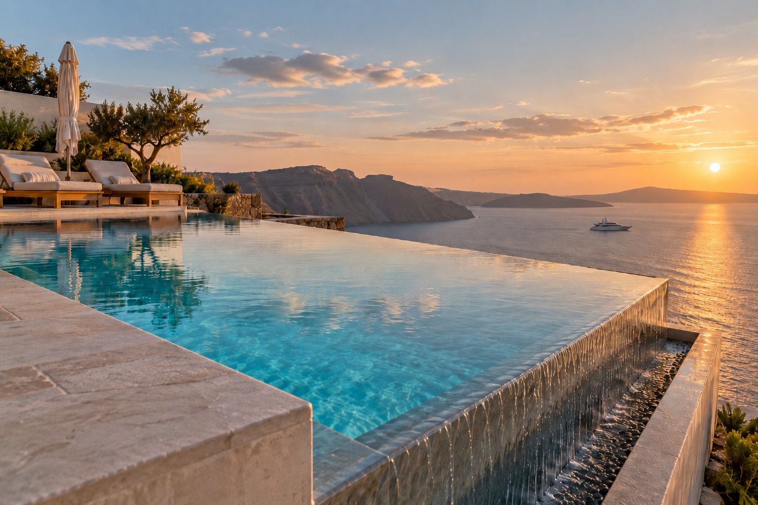 Illustration of a hotel infinity pool at sunset: the water surface lines up with the sea, and on the outside the water spills over the open edge into a catch channel